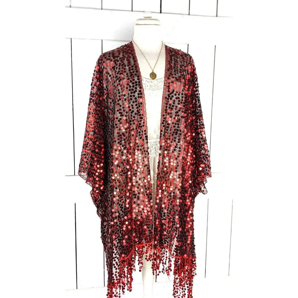 Red black sequin fringe tassel kimono cardigan cover up jacket - Picture 3 of 5